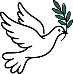 White dove flying with a green olive branch in its beak symbolizing peace
