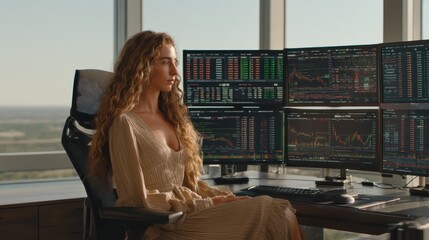 Young woman analyzing stock market data multiple monitors office