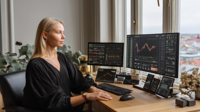 Woman analyzing stock market data multiple computer screens modern
