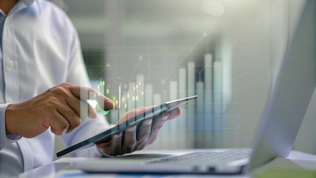 Doctor using tablet with medical data analytics and charts overlay