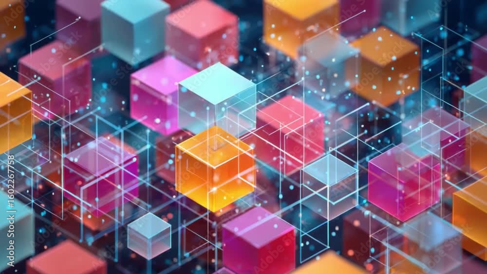 Poster digital cubes: an artful composition of vibrantly colored cubes linked by a luminous digital network