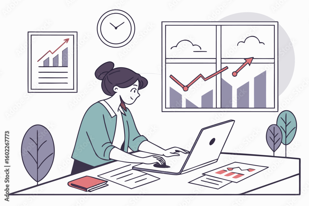 Poster workflow optimization in a modern office setting with a woman analyzing data and creating reports on