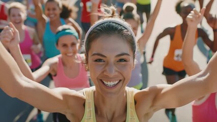 Happy female runner crossing finish line with arms raised, joyful after competing in marathon or running event. - Powered by Adobe