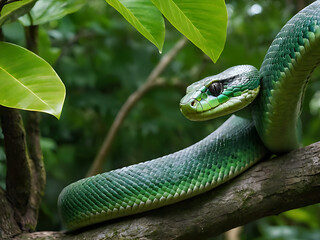 green coulur snake in the forest, its sliping on the tree