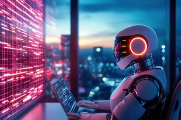 Futuristic AI powered meeting space features humanoid robot with sleek design, engaged digital tasks. vibrant cityscape background enhances high