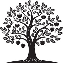 Obraz premium Black apple tree with fruit and leaves branches black and white