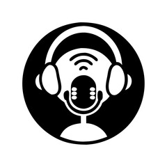 Monochrome podcast icon with microphone, headphones, and sound waves in circle