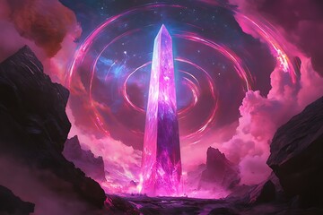 •  Iridescent obelisk rises from a glowing magenta rift beneath spiraling star halos 