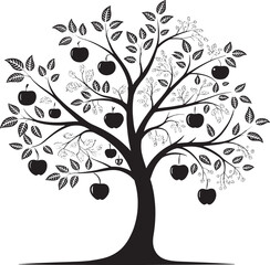 Obraz premium Black apple tree with leaves and fruit black and white