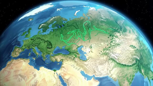 Earth globe view of Europe, Asia, Africa, showing rivers in green