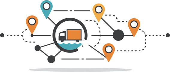 Delivery truck route with location pins network illustration