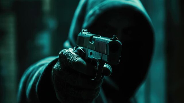 Male pointing gun at camera in dark setting.