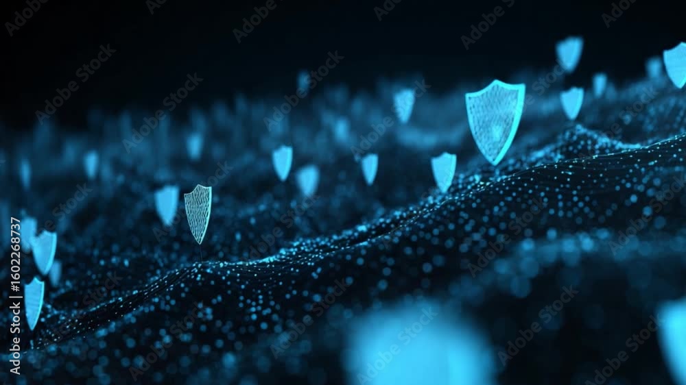 Poster digital fortress: illuminated shield icons float amid a data network, evoking a sense of secure info