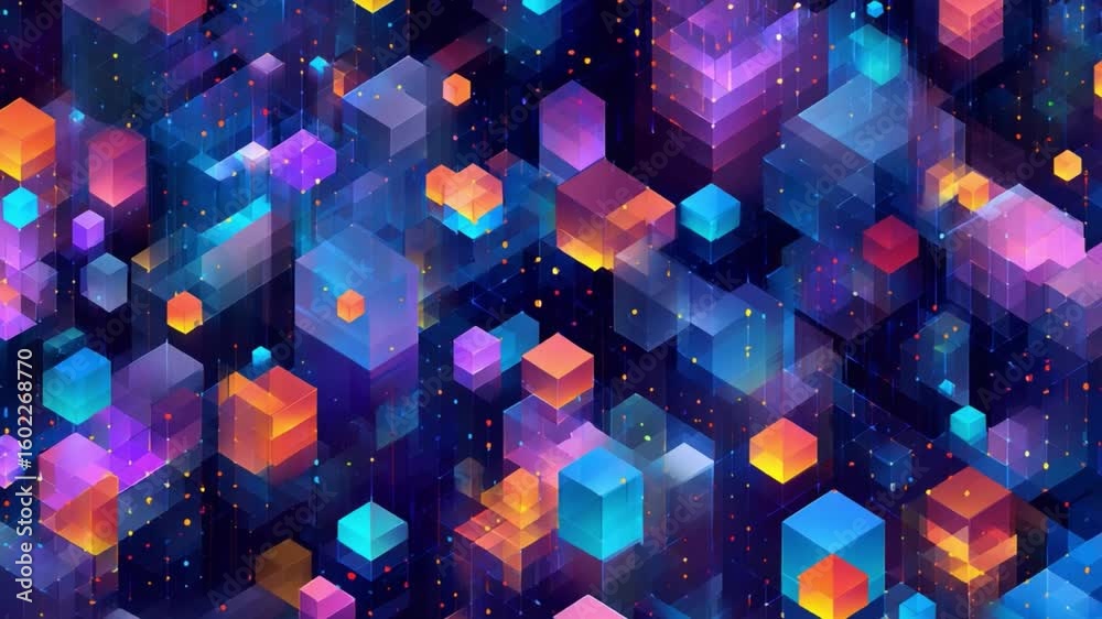 Poster digital cube universe: an immersive digital display with floating colorful cubes, each emitting a vi