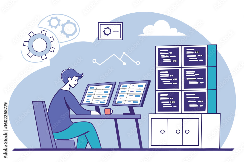 Aufkleber professional working at a desk with dual monitors in a modern office environment focusing on data an