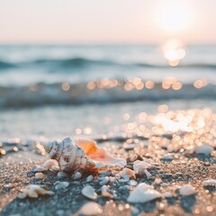 Seashell on sandy beach at sunrise
