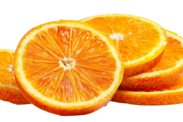 Vibrant juicy orange fruit wheel and half slices isolated on crisp transparent background high‑resolution PNG cutout ideal for citrus menu graphics, fresh juice packaging, healthy vitamin C diet ads