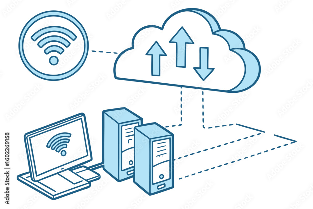 Poster representation of cloud computing with wireless connectivity, showing data transfer processes betwee