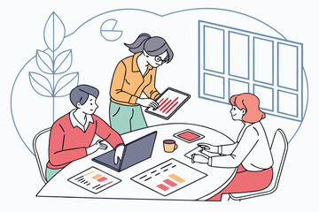 Collaborative brainstorming session among three professionals in a modern office setting with digital devices and notes