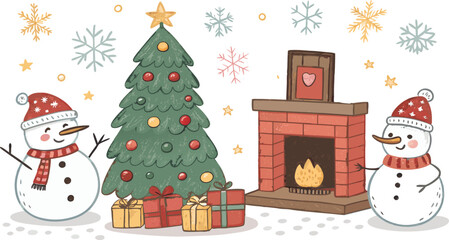Crayon-Style Christmas Illustration Set Snowmen, Tree, Gifts, Candy Canes & Fireplace.