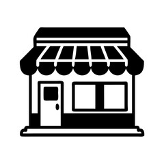 Simple black and white graphic illustration of a storefront with awning