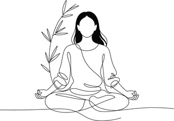 Woman meditating peacefully in a serene setting with plants