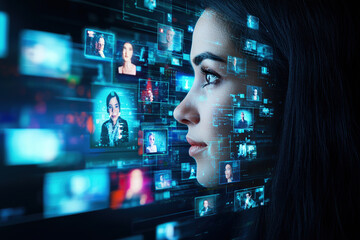Digital interface showcasing multiple video call screens with woman observing, reflecting modern communication technology and connectivity