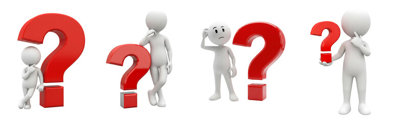 Confused 3d figures surrounded by large red question marks isolated on transparent background