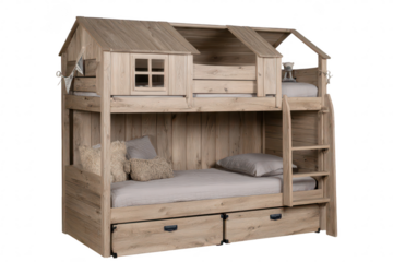 Light-colored wooden bunk bed with a small, attached loft