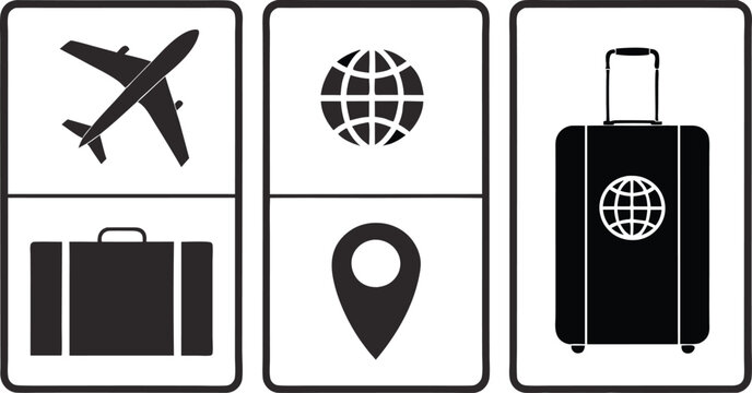 Icons representing air travel, global destinations, and luggage for trip planning and travel services.