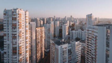 Obraz premium Modern residential buildings in cityscape at sunset with warm light