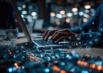 Close-up of hands typing on laptop, network icons overlay