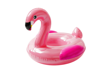 High-resolution pink inflatable flamingo pool float toy isolated on transparent background PNG cutout for tropical summer party design, poolside décor, kids’ water games and travel-themed graphics