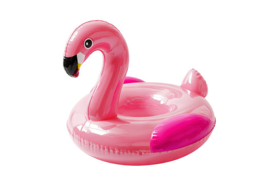 High-resolution pink inflatable flamingo pool float toy isolated on transparent background PNG cutout for tropical summer party design, poolside décor, kids’ water games and travel-themed graphics - Powered by Adobe