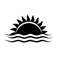 Simple Graphic Black and White Illustration of the Sun Over Water Waves