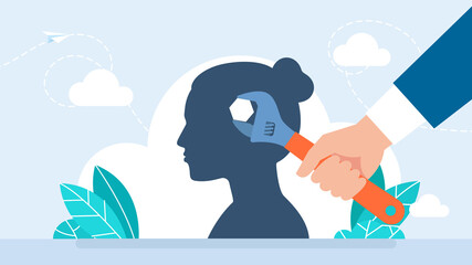 Man make repair of woman head mind with wrench. Change mindset, entrepreneur holding a wrench to modify gear cogs on a human head as a metaphor for mindset. Flat illustration