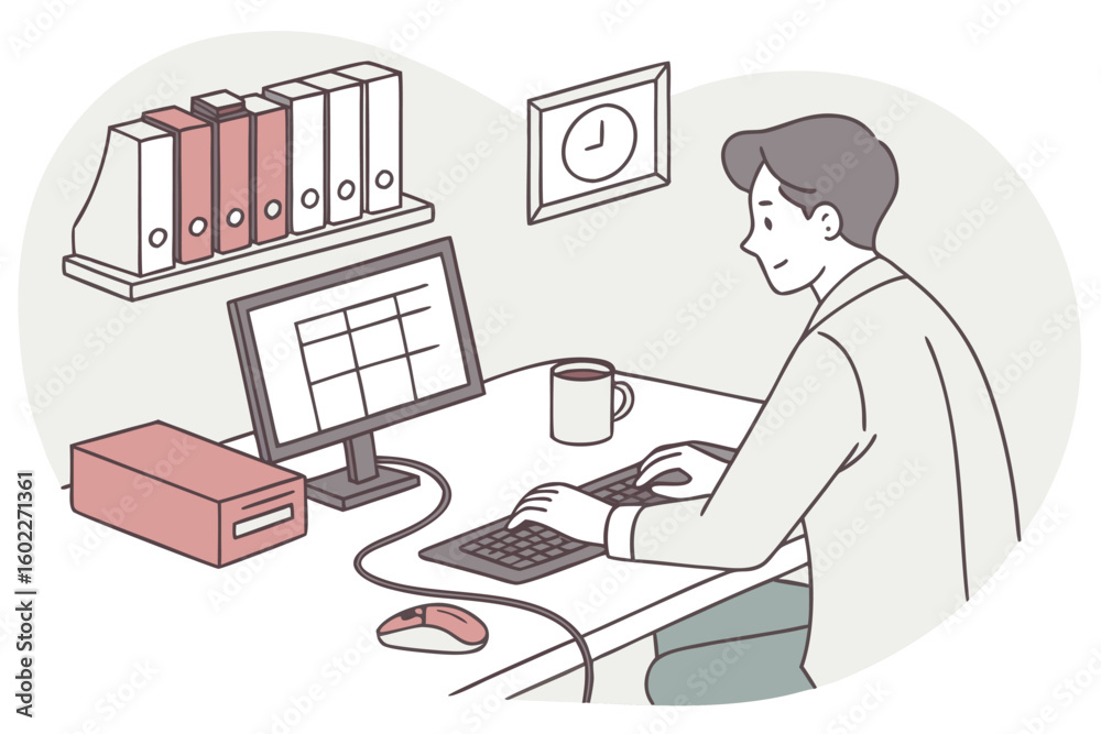 Poster working at a desk in a tidy office with a computer display, notebook, and coffee cup while organizin
