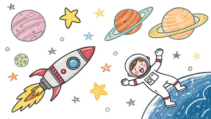 Whimsical space adventure with a happy astronaut, rocket, and planets, perfect for children's themes.