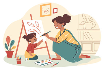 Fototapeta premium Creative moment between mother and daughter as they enjoy painting together in a cozy indoor space filled with plants and colorful art supplies