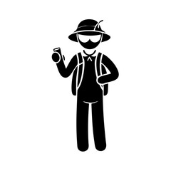 Icon of a stylish tourist with hat, camera, and backpack vector
