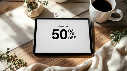 A tablet on table displays discount coupon interface beside coffee cup. Great for web promotion, mobile UI, and online shopping visuals