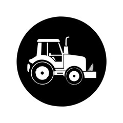 Stylized white tractor against a black circular background in simple illustration