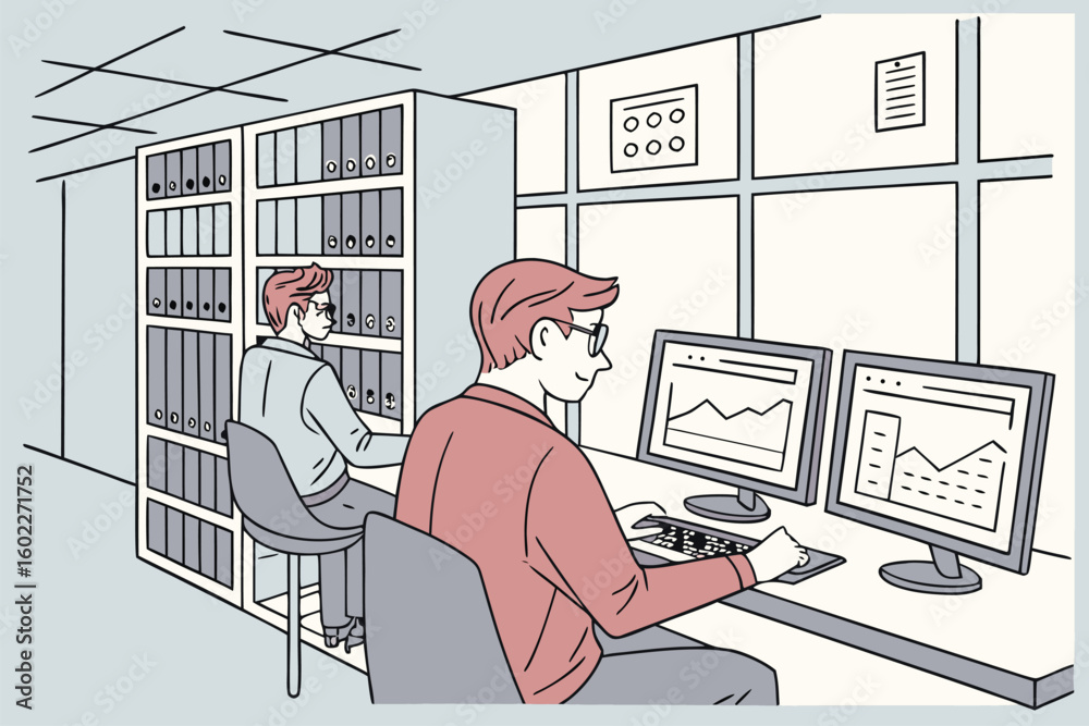 Poster two colleagues working in an office space with computers and filing cabinets during a busy day at wo
