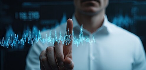 A person's finger touches a glowing data visualization of a fluctuating line graph