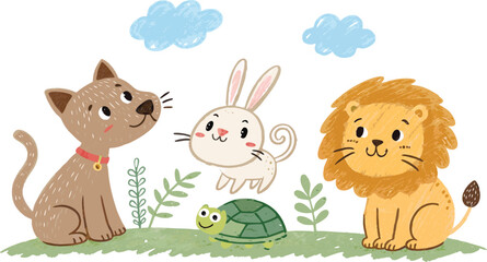 Charming cartoon animals gather for a delightful outdoor adventure, perfect for kids' projects.