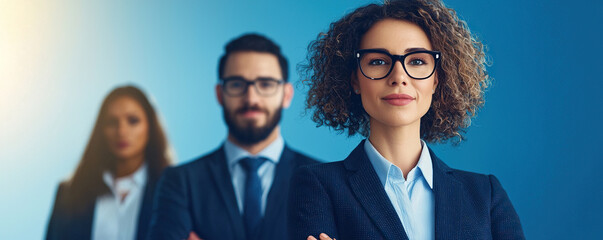 Obraz premium Professional team portrait with confident individuals in business attire, showcasing teamwork and collaboration in modern setting