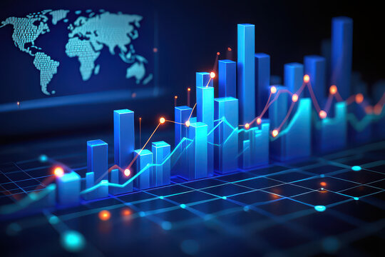 Digital representation of a bar graph with a world map in the background in blue and orange hues - Powered by Adobe