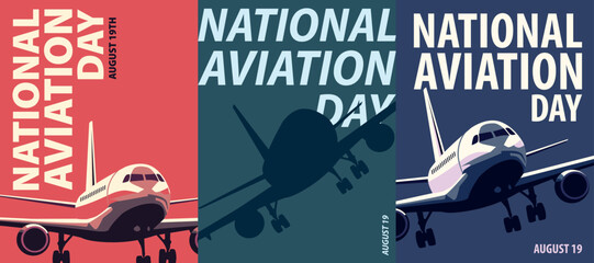 National Aviation Day poster pack. Vector illustration collection with airplane, aircraft for postcard, invitation, celebration, brochure in retro, vintage style