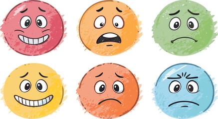 Capturing a spectrum of feelings with colorful, hand-drawn emoji faces, ideal for conveying emotions.
