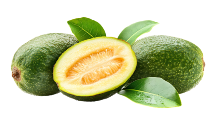 Feijoa with half slice falling and floating 